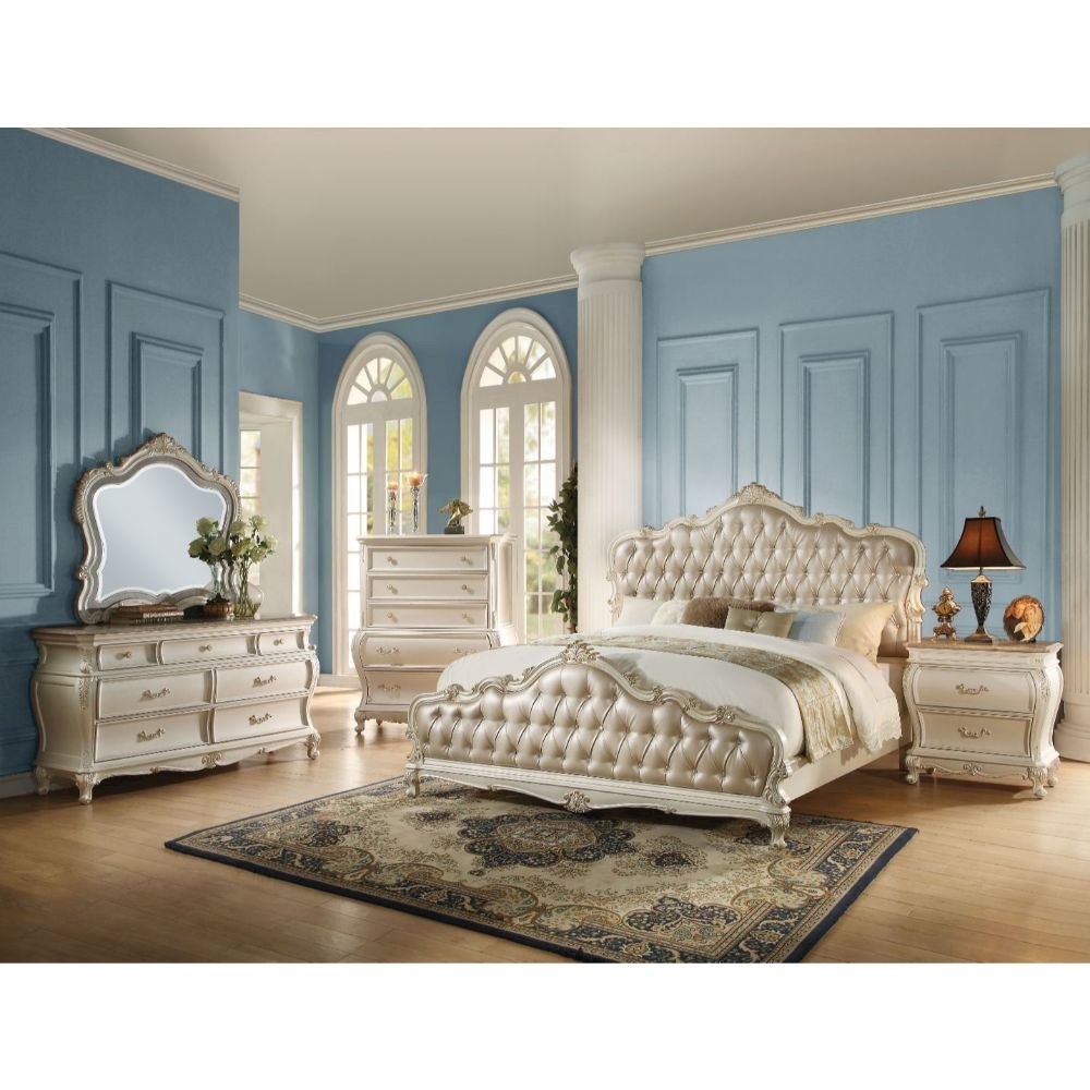 Chantelle Queen Bed Rose Gold Synthetic Leather & Pearl White. Picture 2