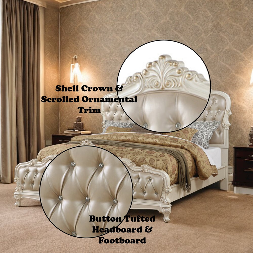 Chantelle Queen Bed Rose Gold Synthetic Leather & Pearl White. Picture 5