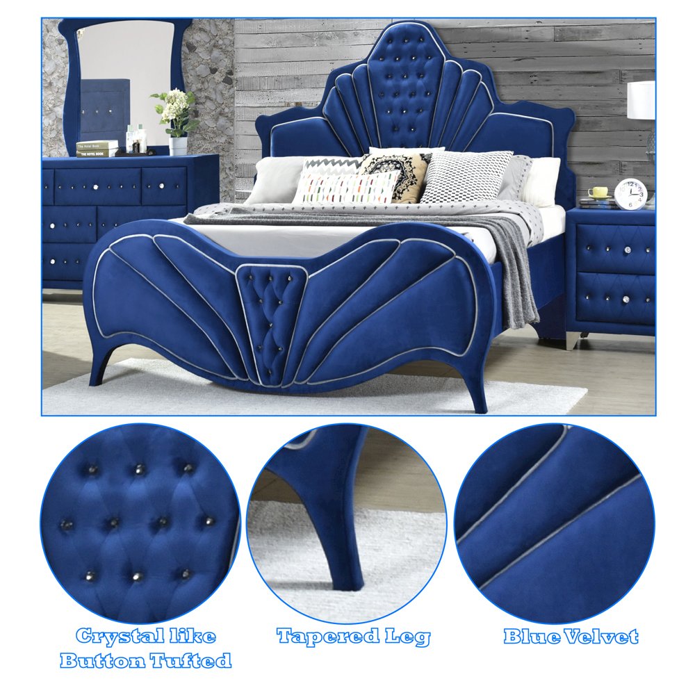 Dante Eastern King Bed Blue Velvet. Picture 6