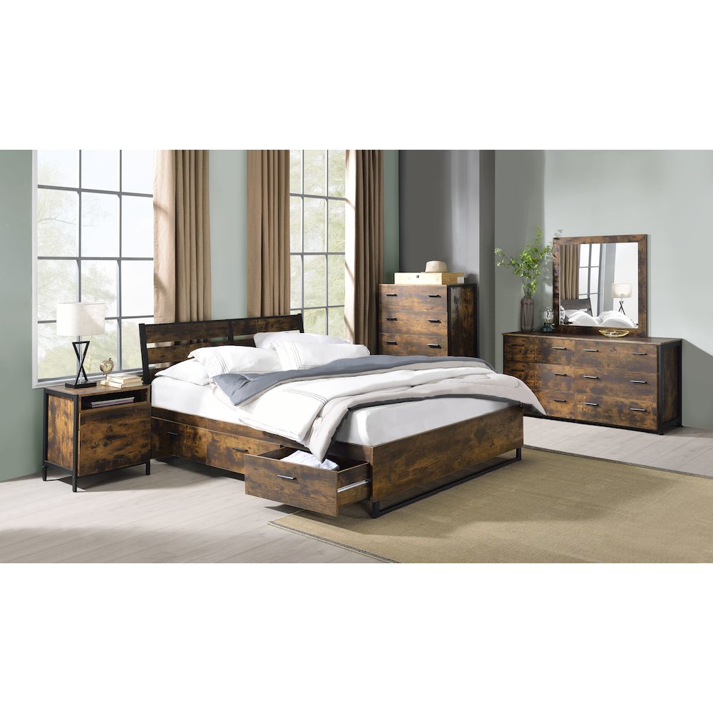 Juvanth Eastern King Bed w/Storage Rustic Oak & Black. Picture 6