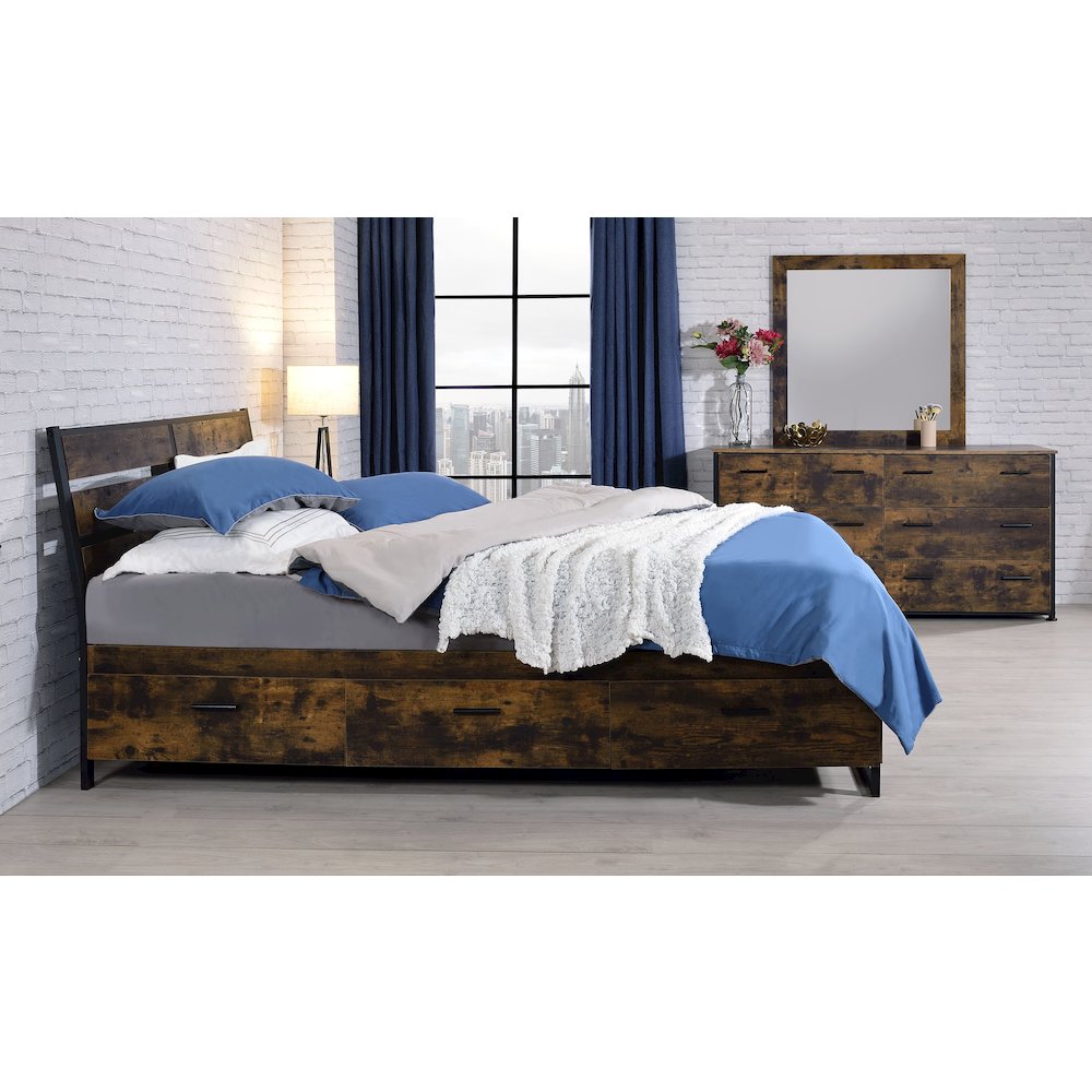 Juvanth Eastern King Bed w/Storage Rustic Oak & Black. Picture 7