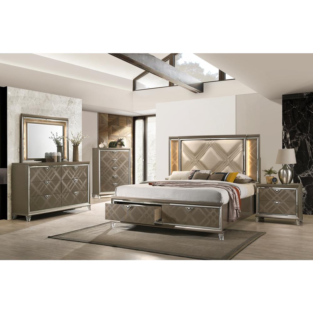 ACME Skylar Queen Bed w/Storage, LED, PU & Dark Champagne. Picture 1
