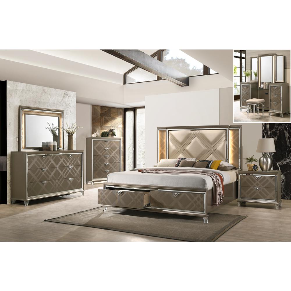 ACME Skylar Queen Bed w/Storage, LED, PU & Dark Champagne. Picture 2