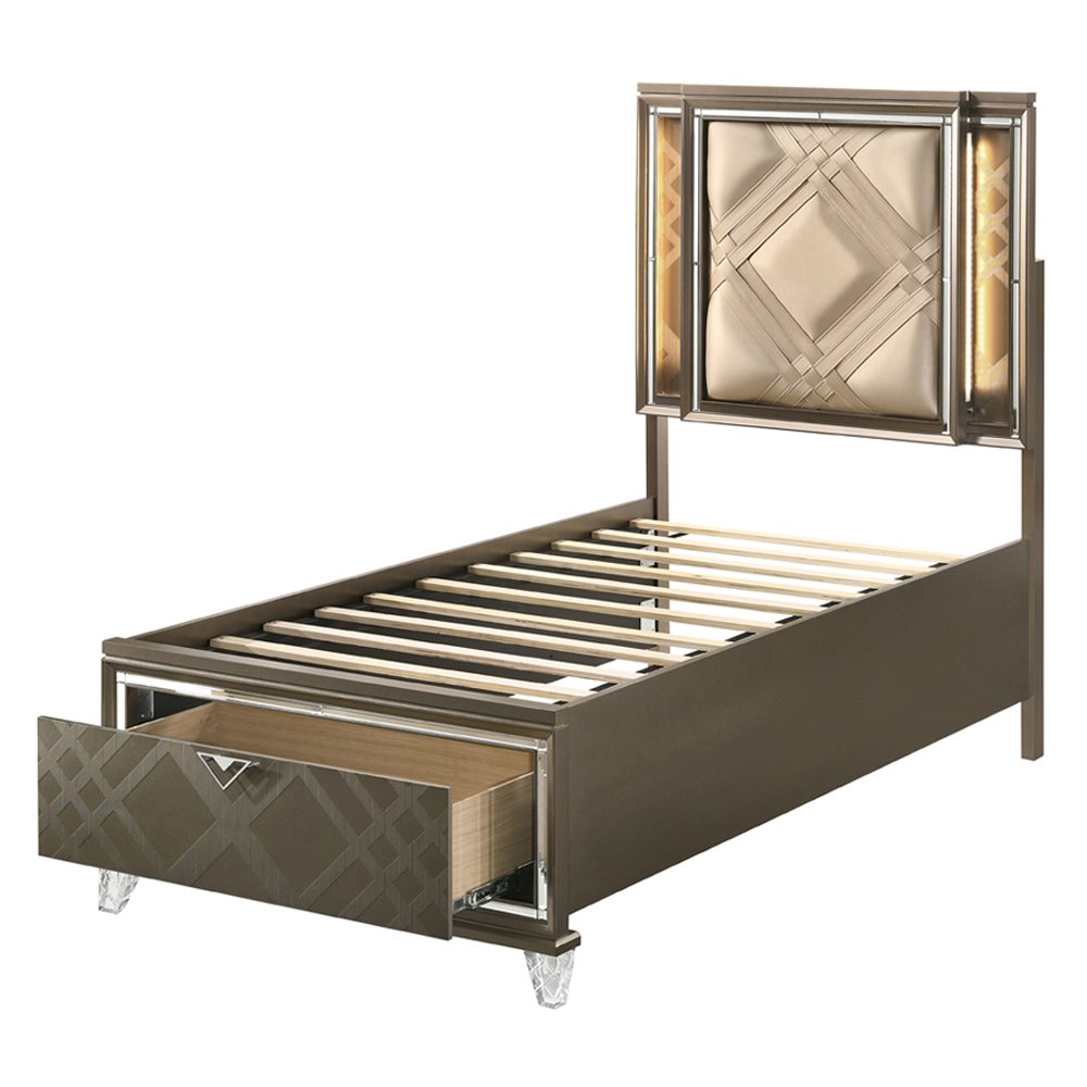 Skylar Full Bed w/Storage & LED LED, Synthetic Leather & Dark Champagne. Picture 2