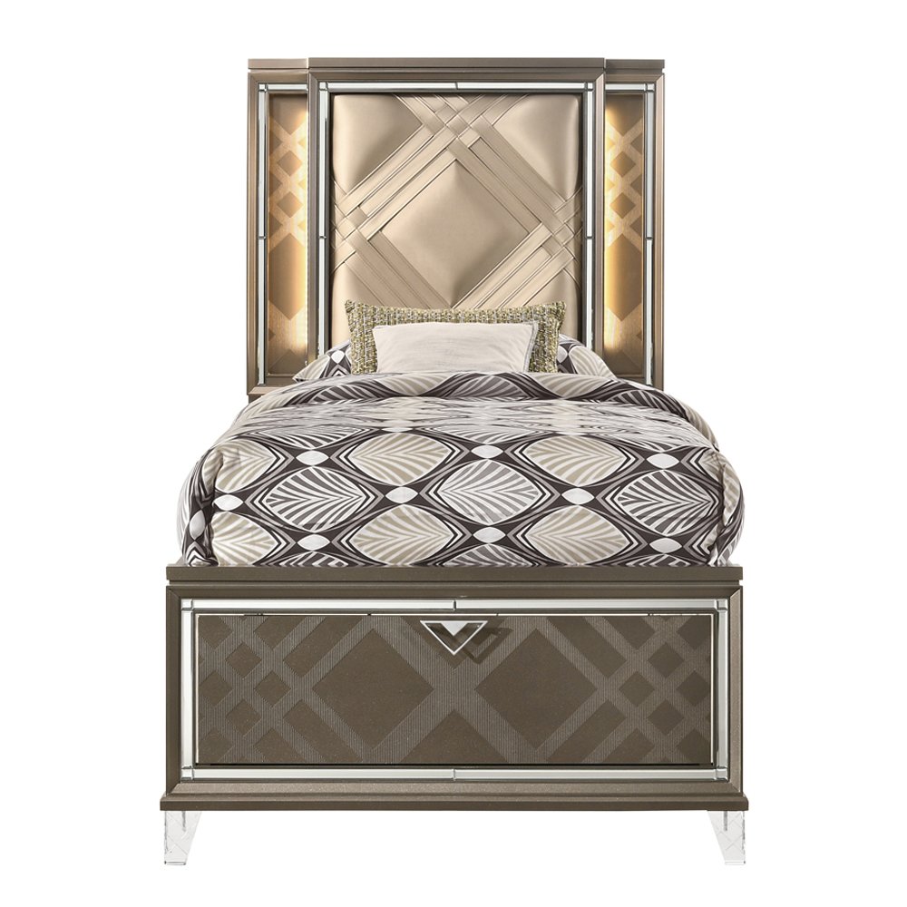 Skylar Full Bed w/Storage & LED LED, Synthetic Leather & Dark Champagne. Picture 3