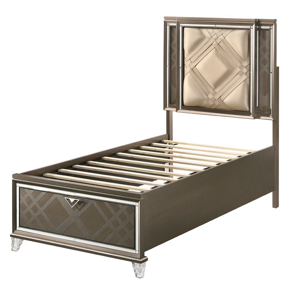 Skylar Full Bed w/Storage & LED LED, Synthetic Leather & Dark Champagne. Picture 4