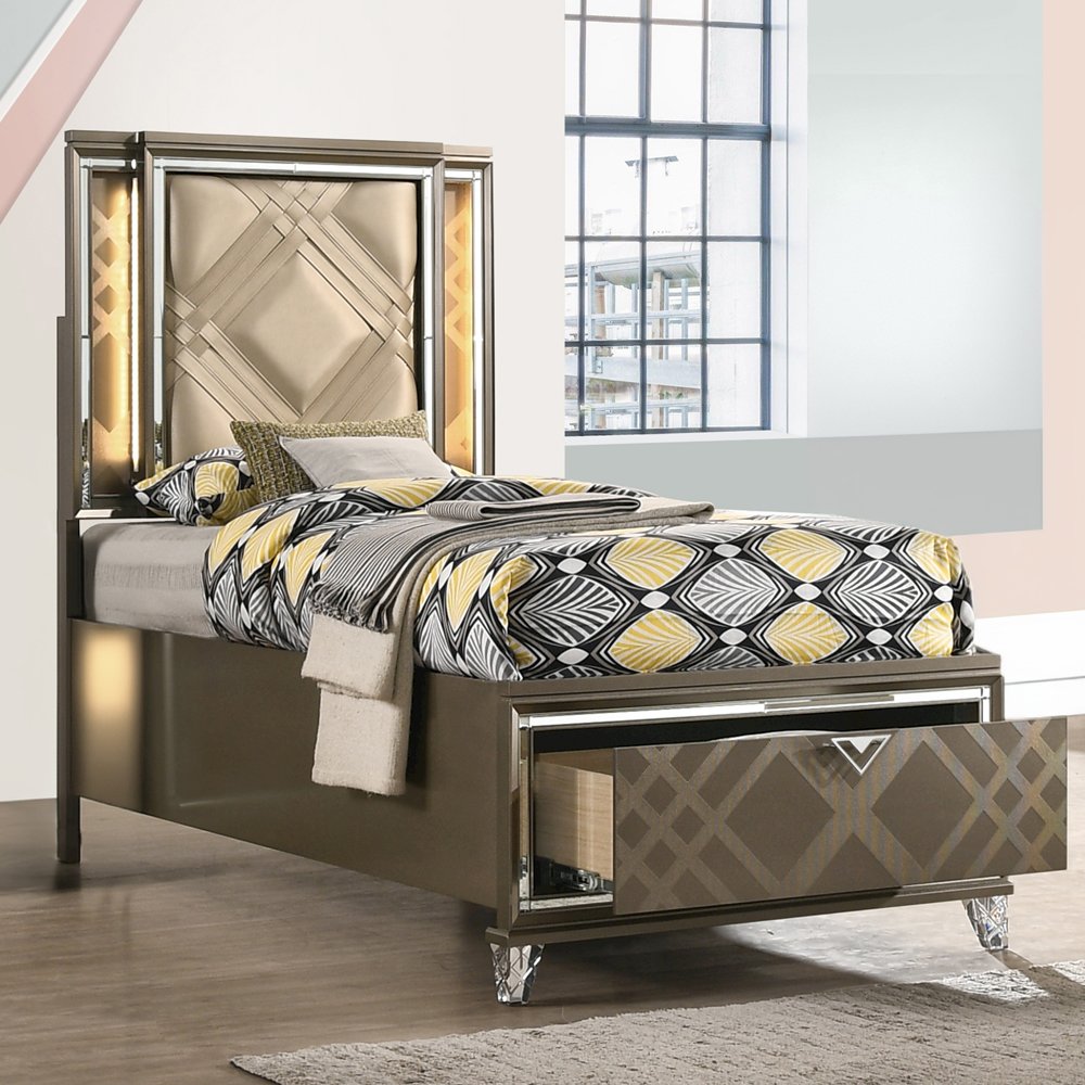 Skylar Full Bed w/Storage & LED LED, Synthetic Leather & Dark Champagne. Picture 1