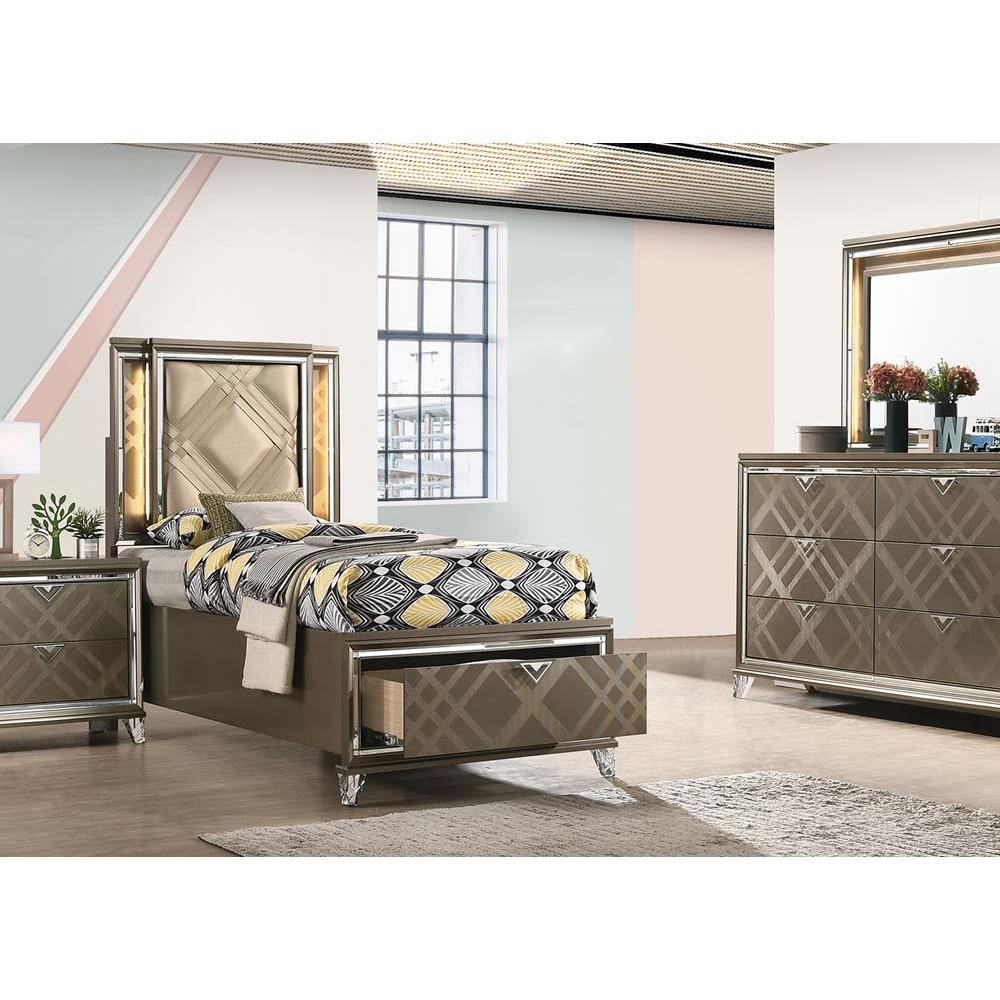 ACME Skylar Full Bed w/Storage, LED, PU & Dark Champagne. Picture 1