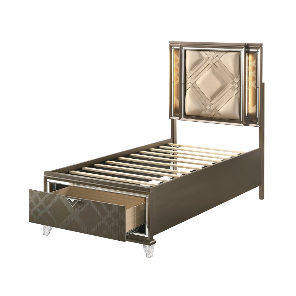 Skylar Twin Bed w/Storage & LED LED, Synthetic Leather & Dark Champagne. Picture 2