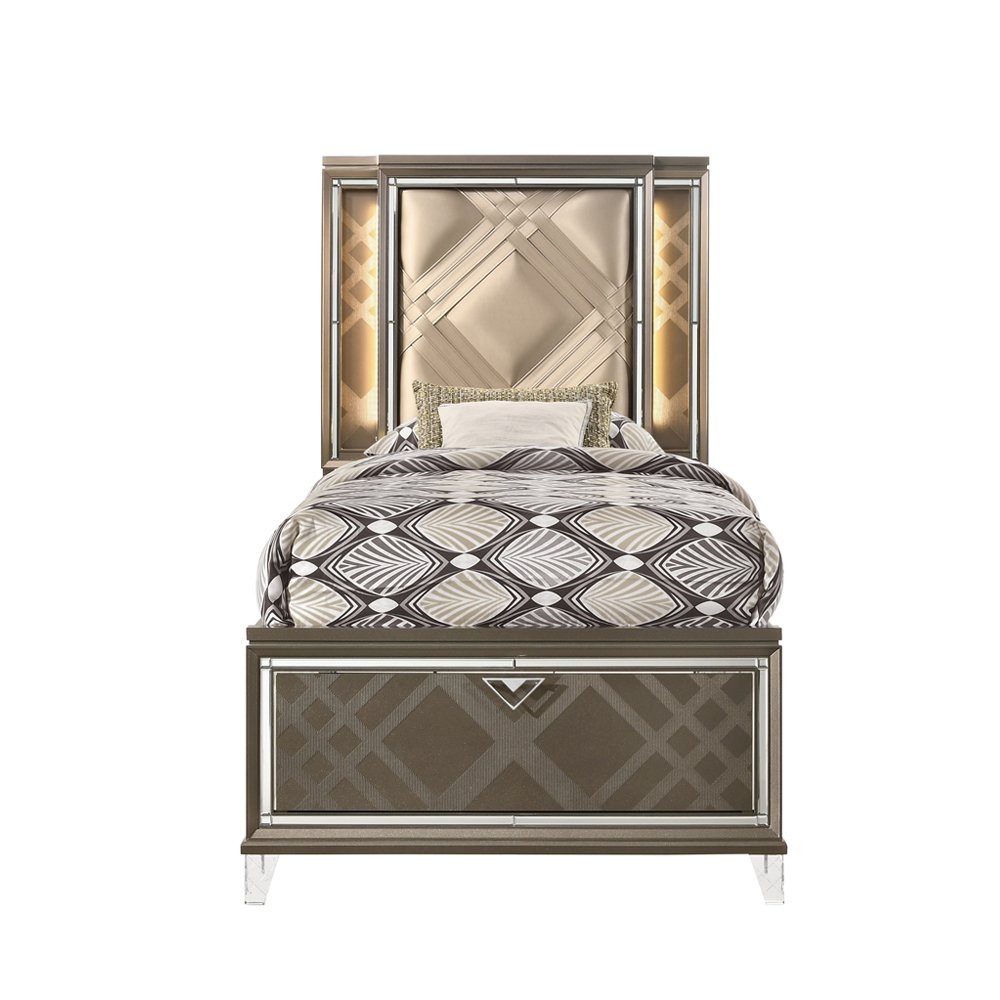 Skylar Twin Bed w/Storage & LED LED, Synthetic Leather & Dark Champagne. Picture 3