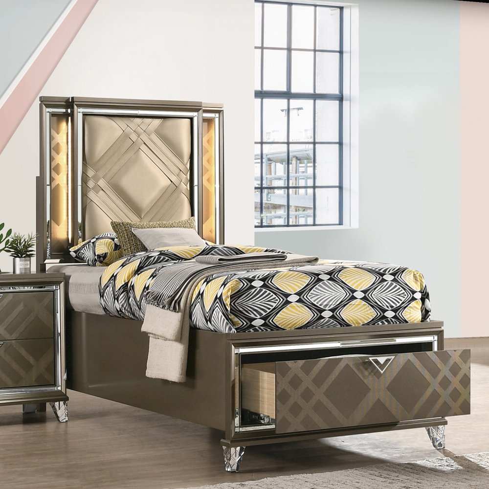 Skylar Twin Bed w/Storage & LED LED, Synthetic Leather & Dark Champagne. Picture 1