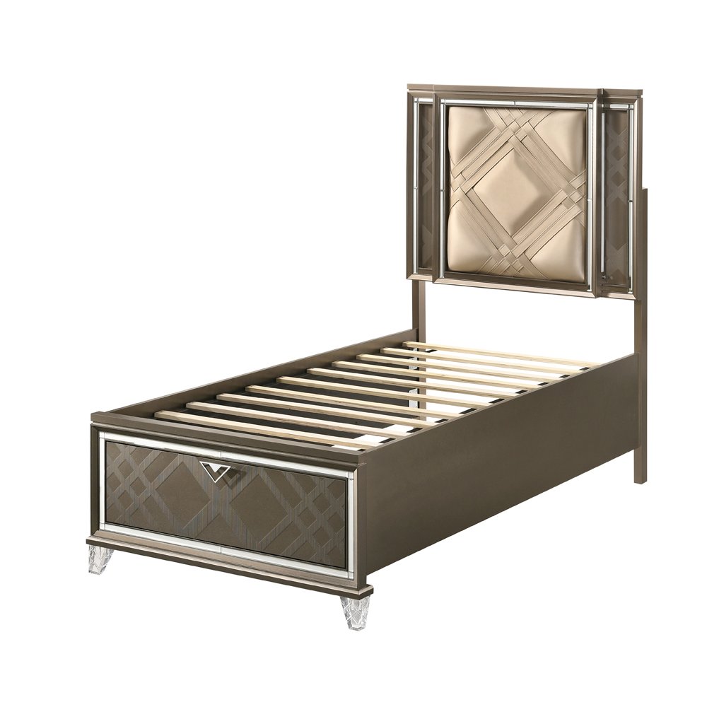 Skylar Twin Bed w/Storage & LED LED, Synthetic Leather & Dark Champagne. Picture 4