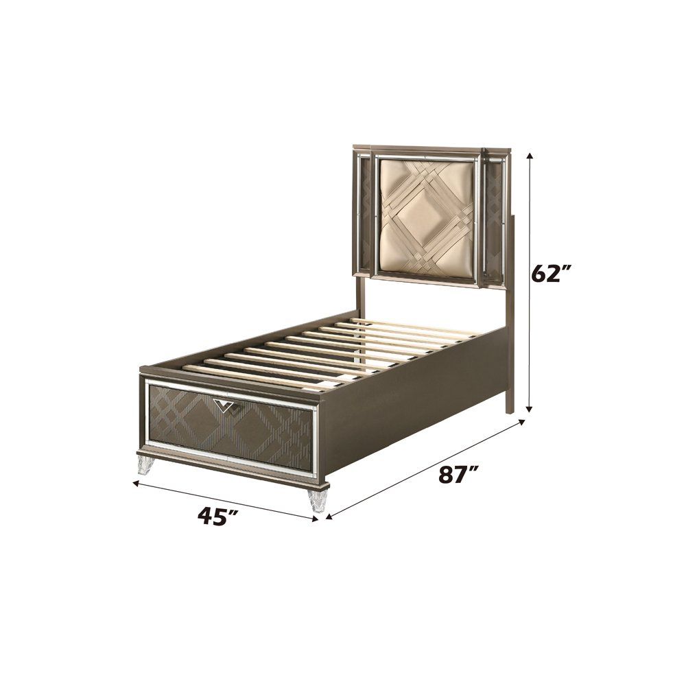 Skylar Twin Bed w/Storage & LED LED, Synthetic Leather & Dark Champagne. Picture 5