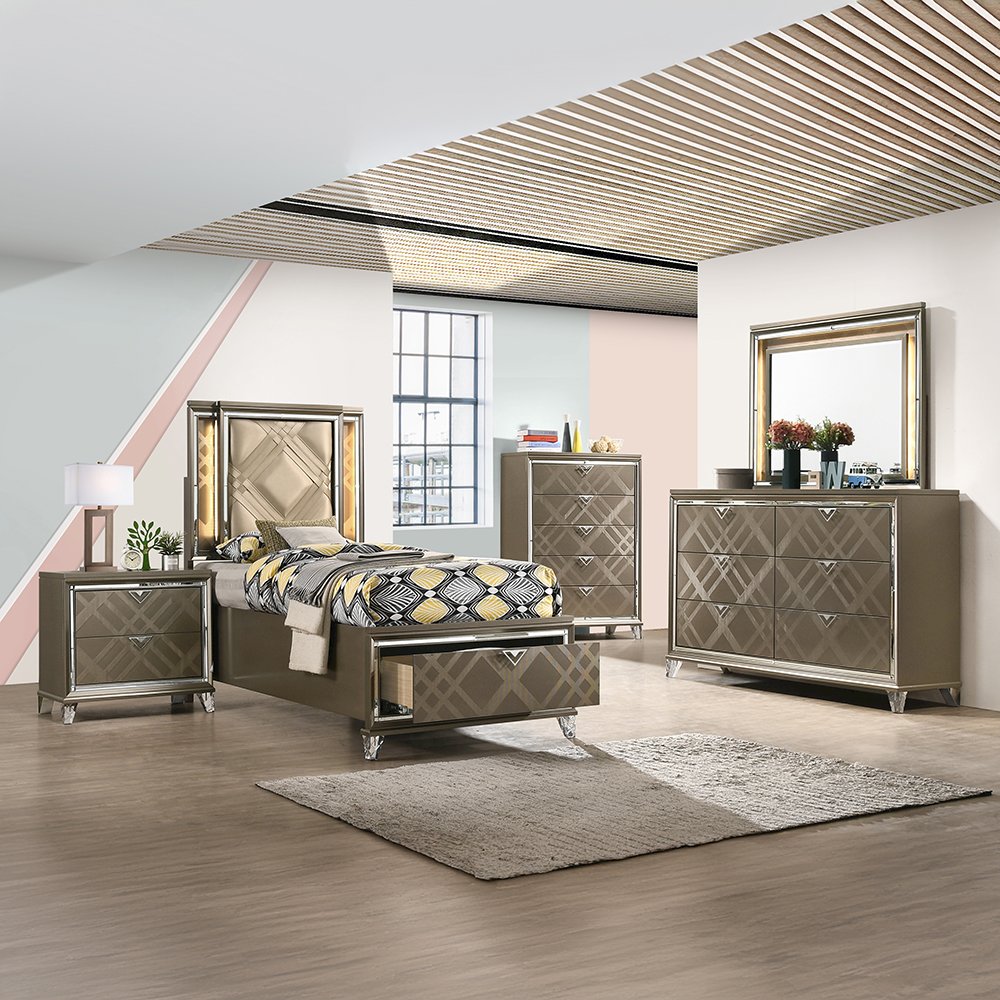 Skylar Twin Bed w/Storage & LED LED, Synthetic Leather & Dark Champagne. Picture 6