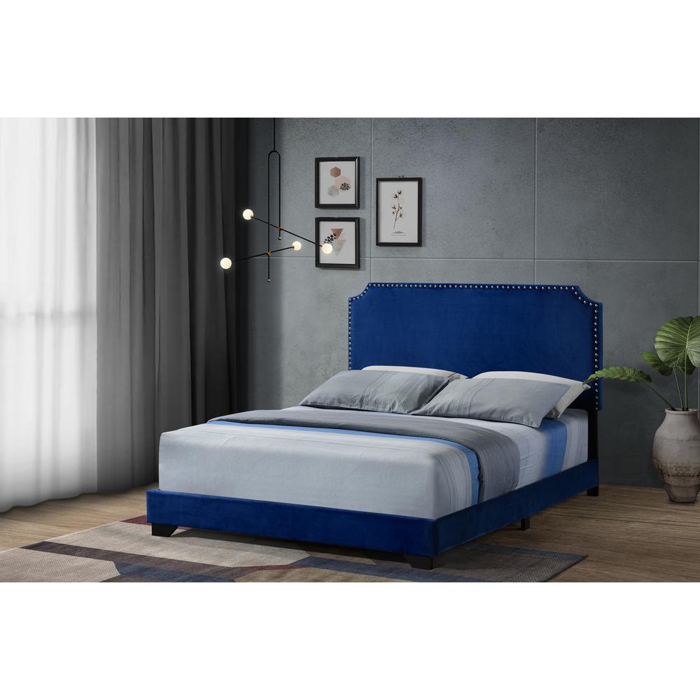 Haemon Queen Bed Blue Velvet. Picture 1