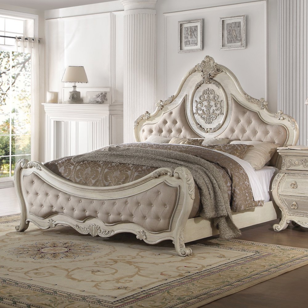 Ragenardus Queen Bed Beige Linen & Antique White. Picture 1
