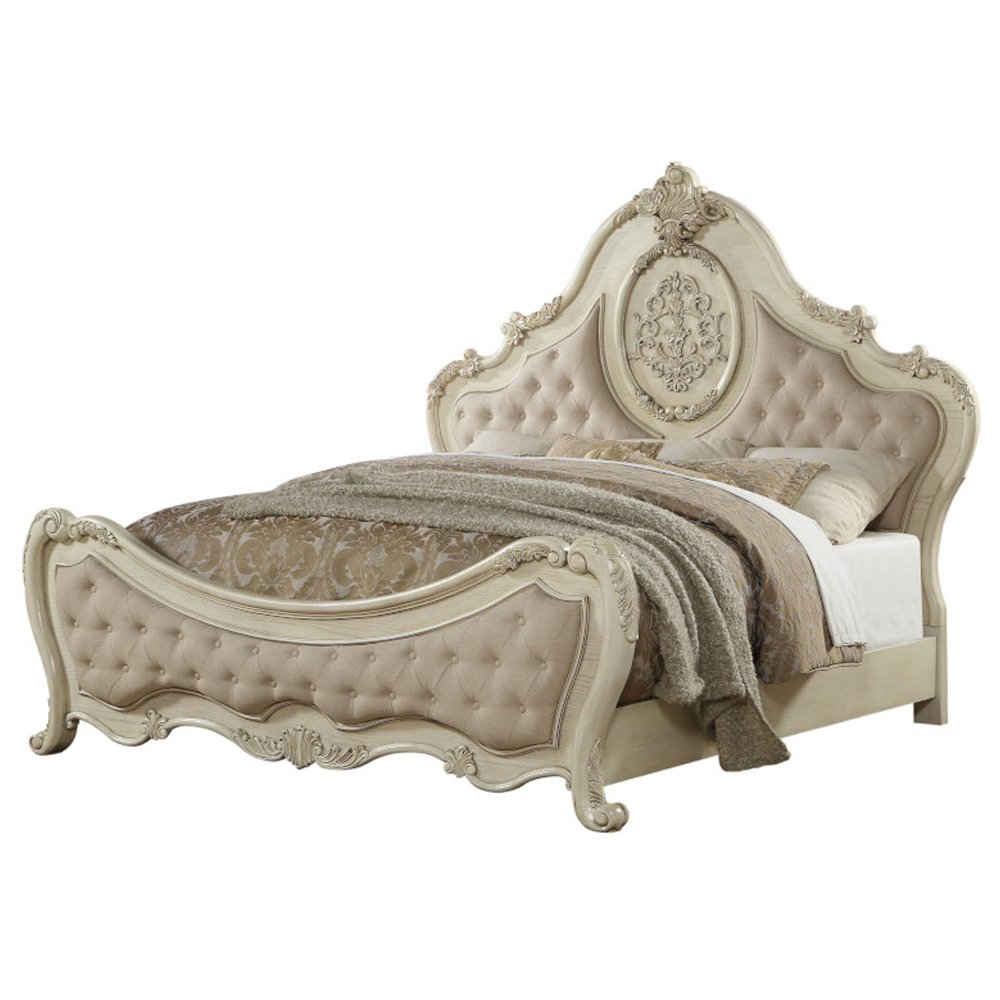 Ragenardus Queen Bed Beige Linen & Antique White. Picture 2