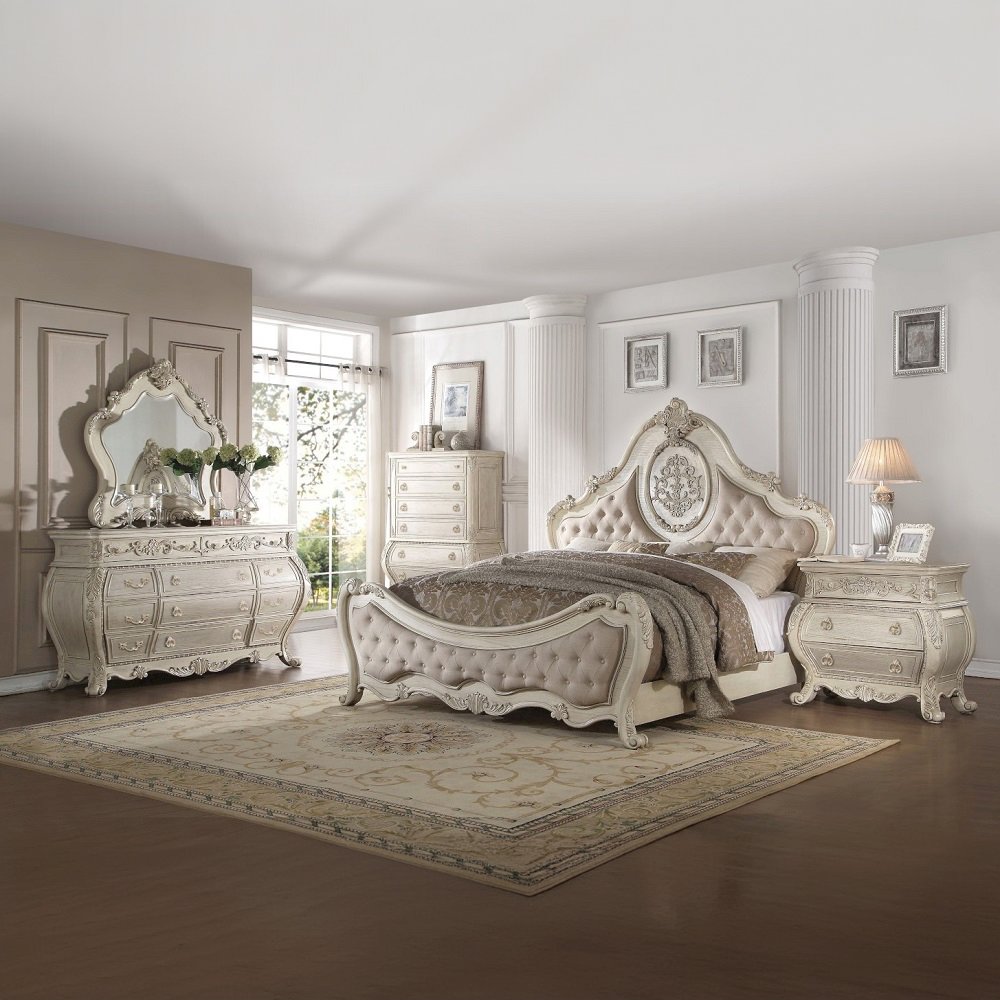 Ragenardus Queen Bed Beige Linen & Antique White. Picture 4