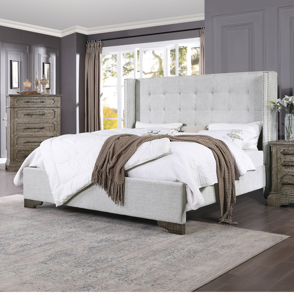 Artesia Queen Bed Tan Fabric & Salvaged Natural. Picture 1