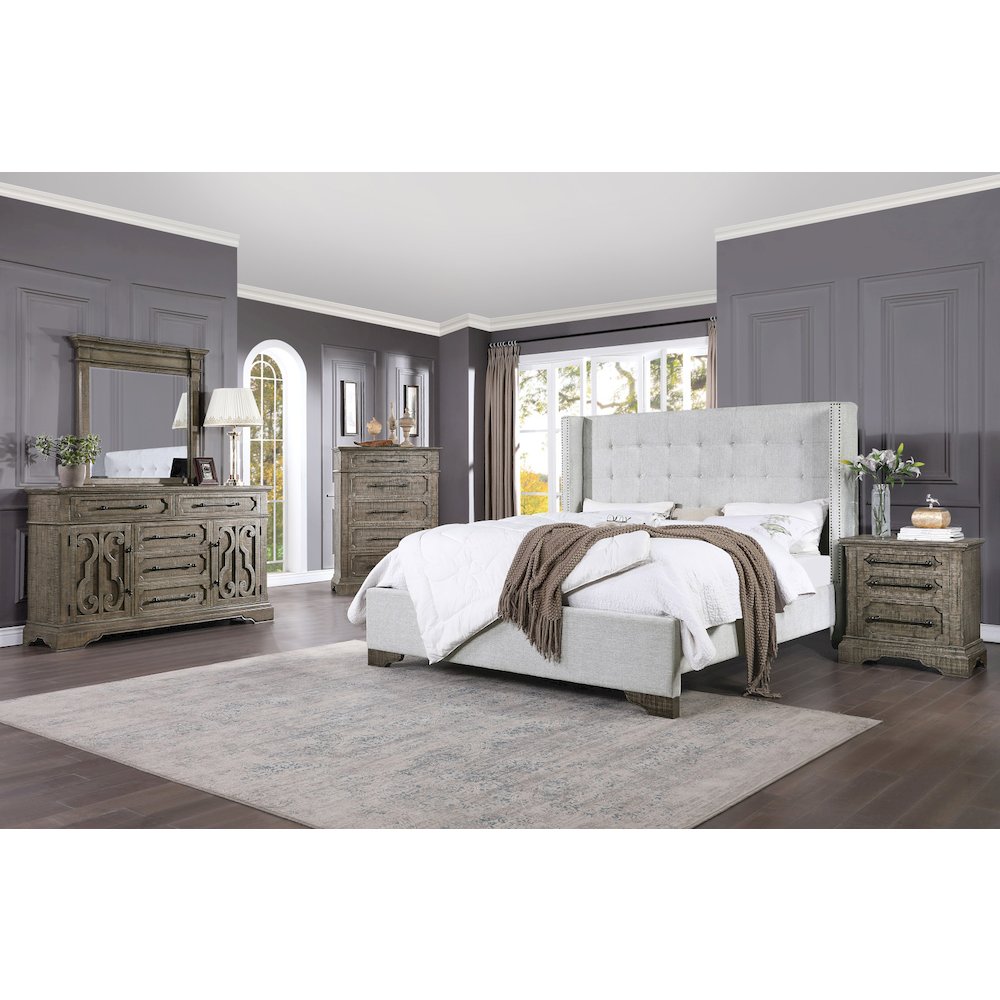 Artesia Queen Bed Tan Fabric & Salvaged Natural. Picture 5