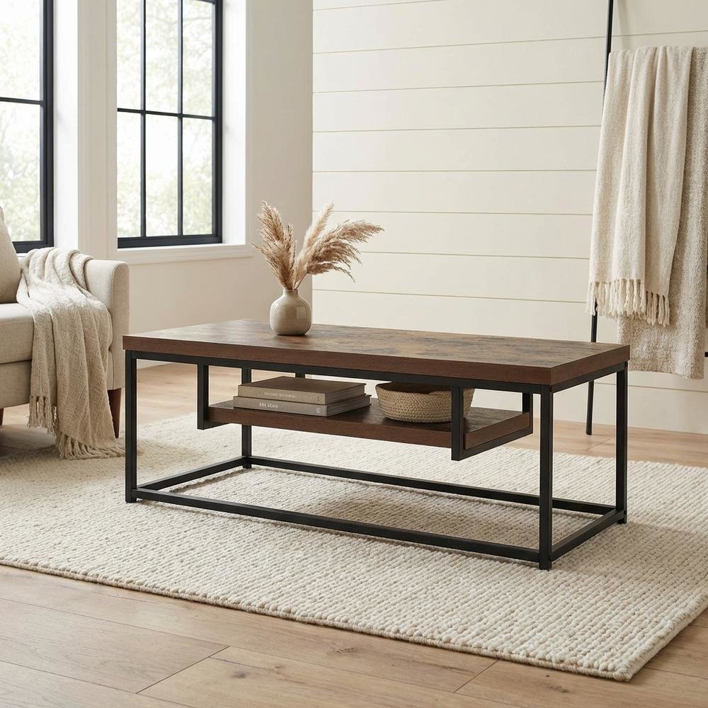 Weathered Oak and Black Metal TV Stand with Storage Compartments. Picture 3