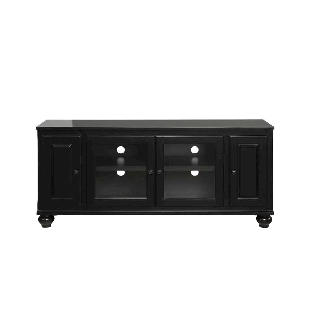 Black wood TV stand with spacious surface and modern design. Picture 4