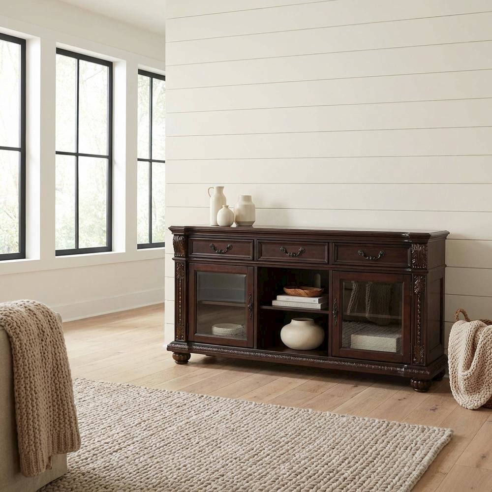 Cherry Wood and Glass TV Stand with Vintage Style and Spacious Design. Picture 3