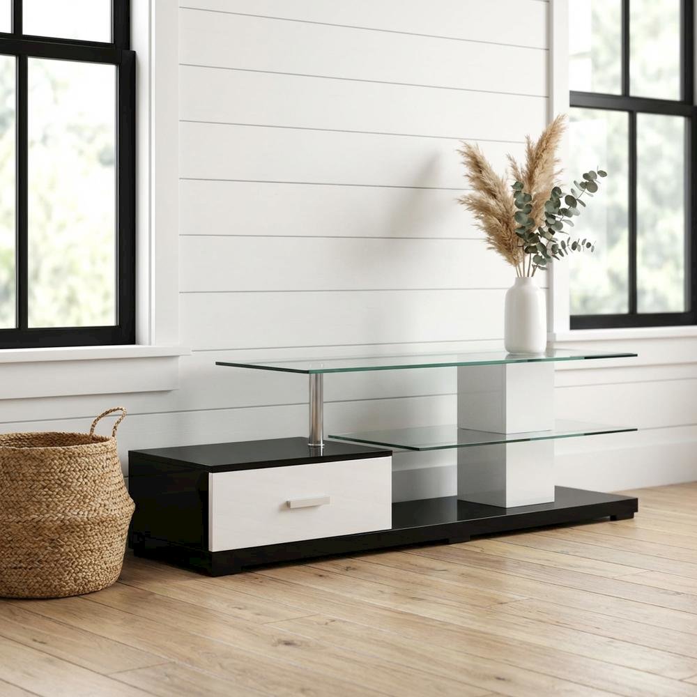 Modern White and Black TV Stand with Glass Shelves and Chrome Frame. Picture 2