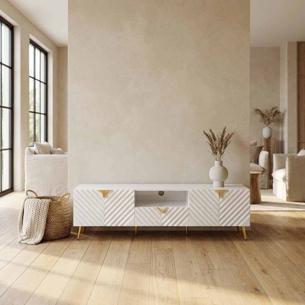 White Gloss Finish TV Stand with Rubberwood and Walnut Veneers for Modern Living. Picture 3