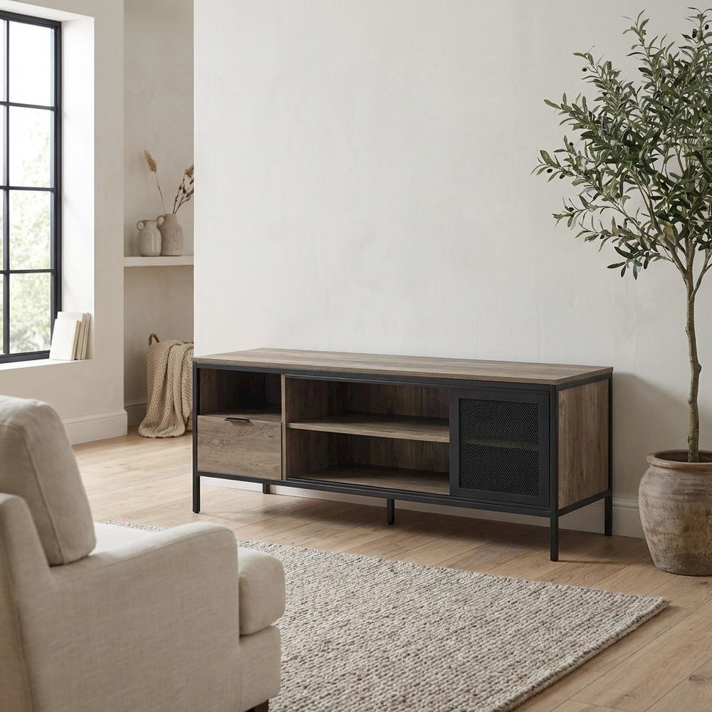 Industrial-style TV stand in Rustic Oak and Black finish with metal accents. Picture 3