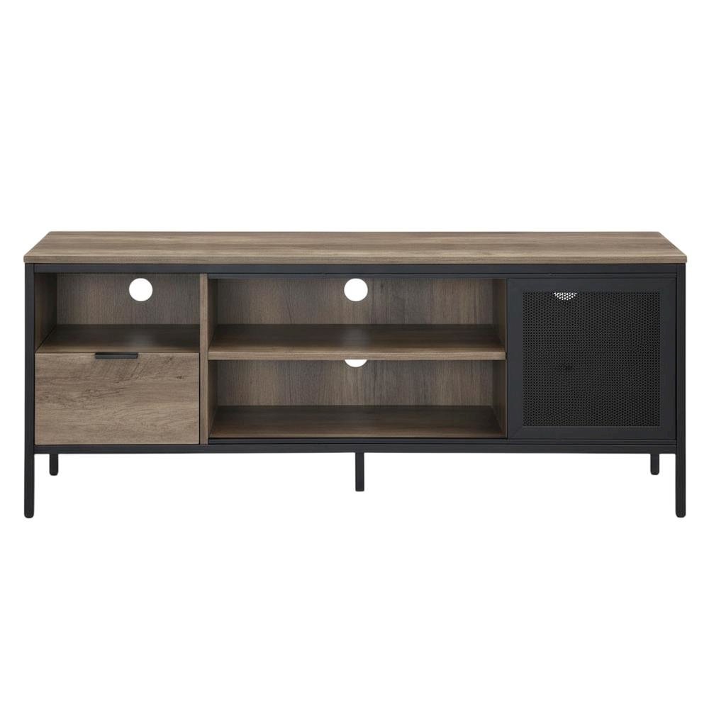 Industrial-style TV stand in Rustic Oak and Black finish with metal accents. Picture 4