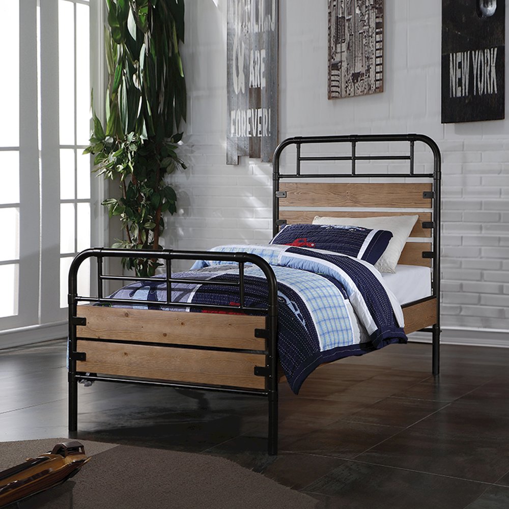 Adams Twin Bed Antique Oak & Gunmetal. Picture 1