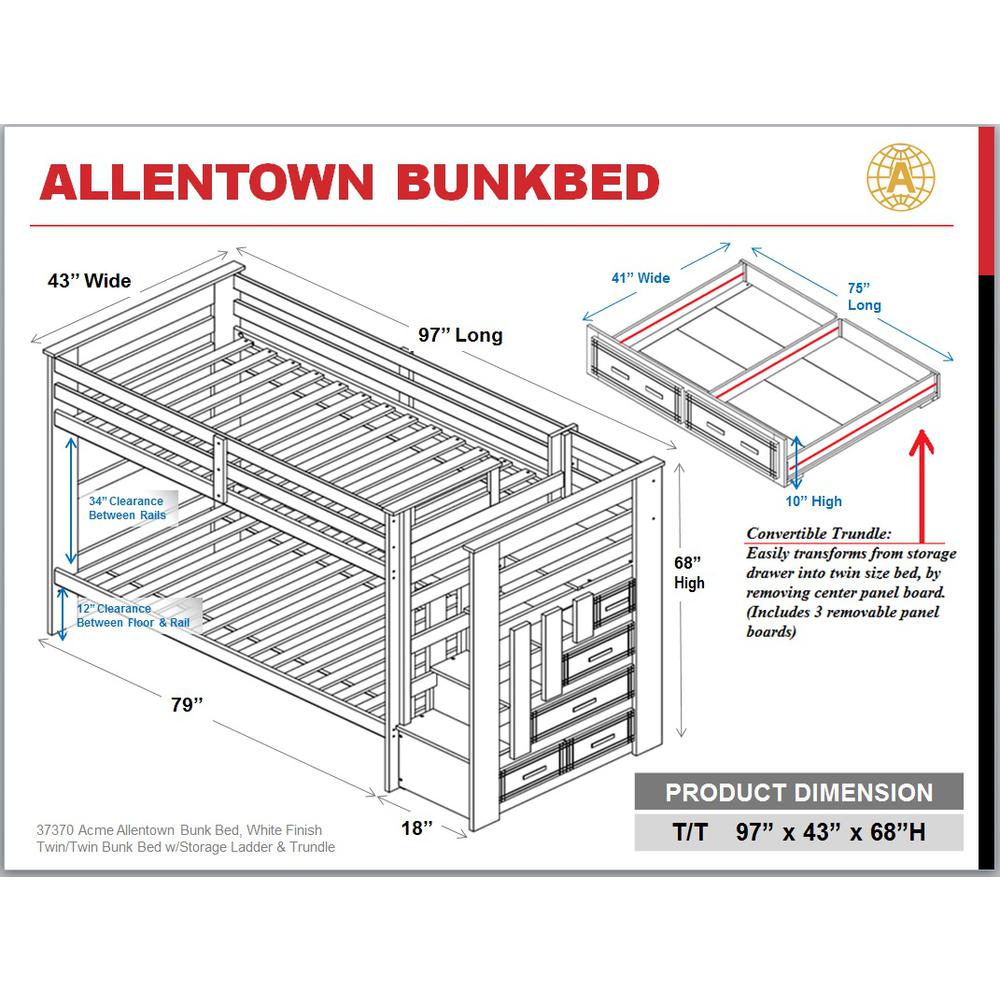 Allentown Bunk Bed (T/T) w/Trundle (Twin) & Storage White. Picture 14