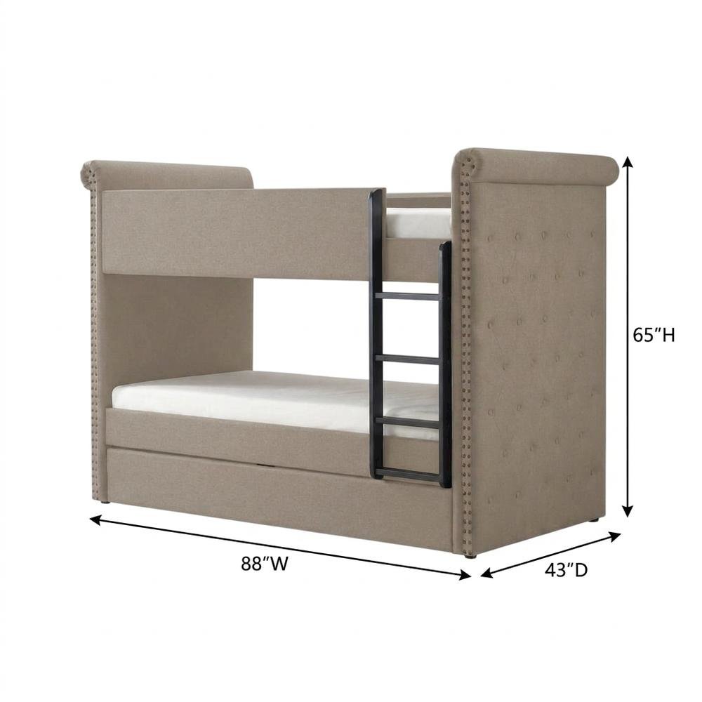 Fabric Twin over Twin Bunk Bed with Wood Frame and Trundle, Beige Fabric. Picture 5