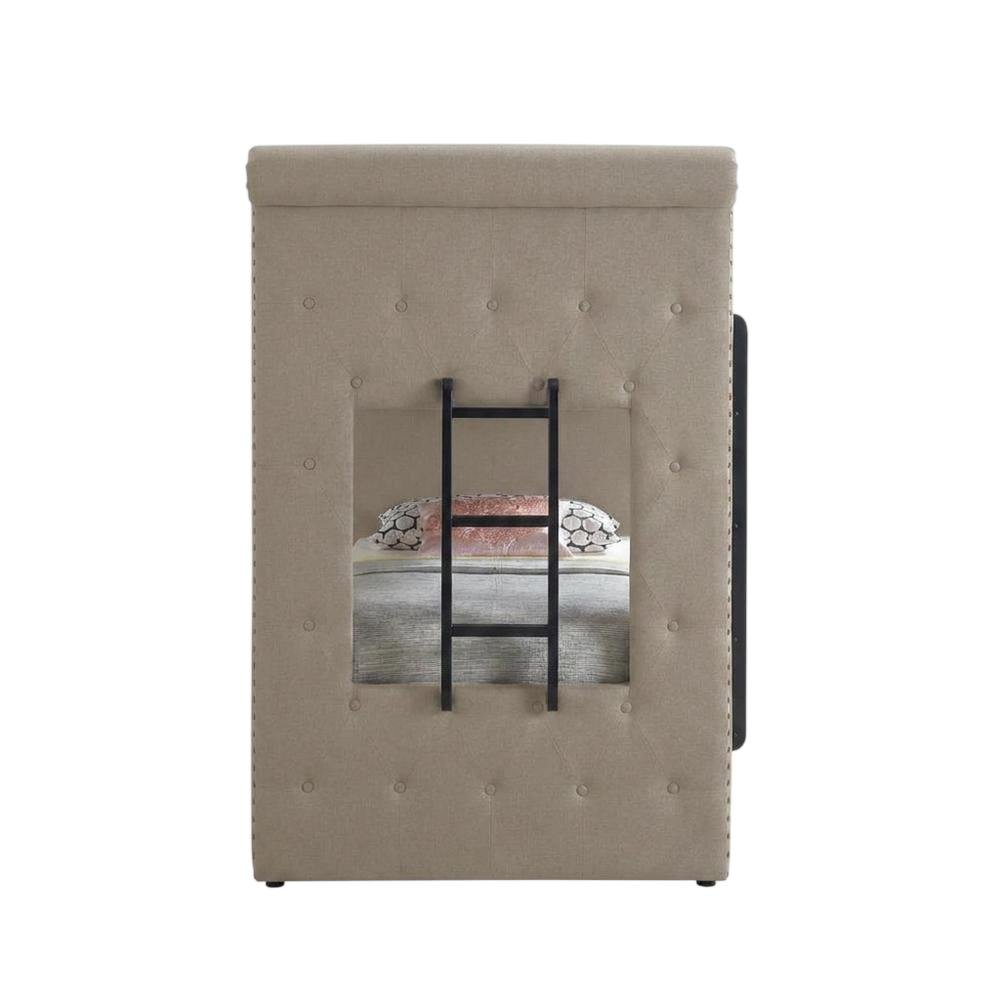 Fabric Twin over Twin Bunk Bed with Wood Frame and Trundle, Beige Fabric. Picture 1