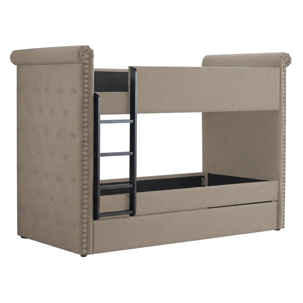 Fabric Twin over Twin Bunk Bed with Wood Frame and Trundle, Beige Fabric. Picture 4