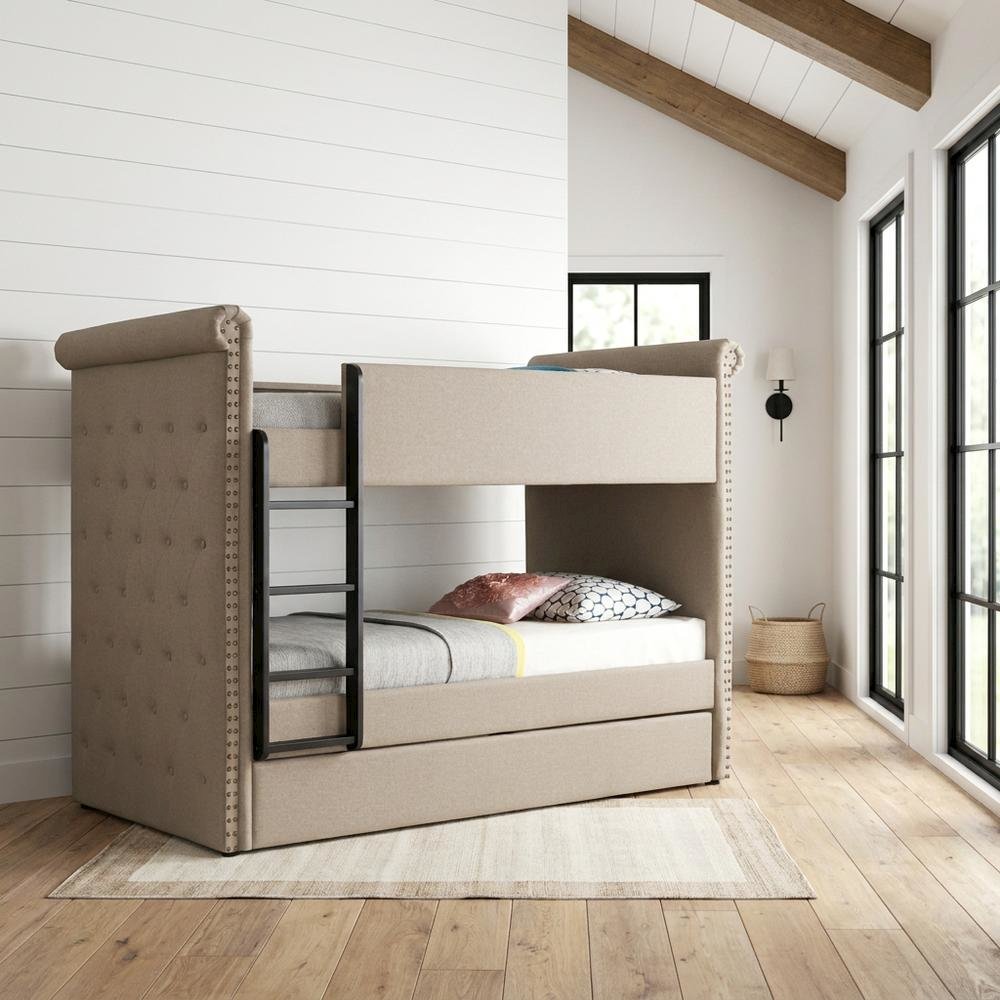Fabric Twin over Twin Bunk Bed with Wood Frame and Trundle, Beige Fabric. Picture 2
