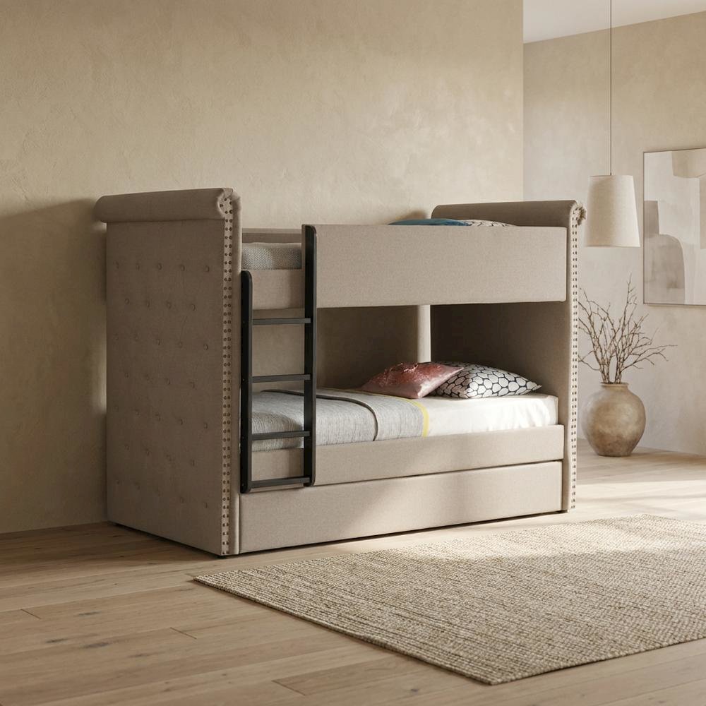 Fabric Twin over Twin Bunk Bed with Wood Frame and Trundle, Beige Fabric. Picture 3