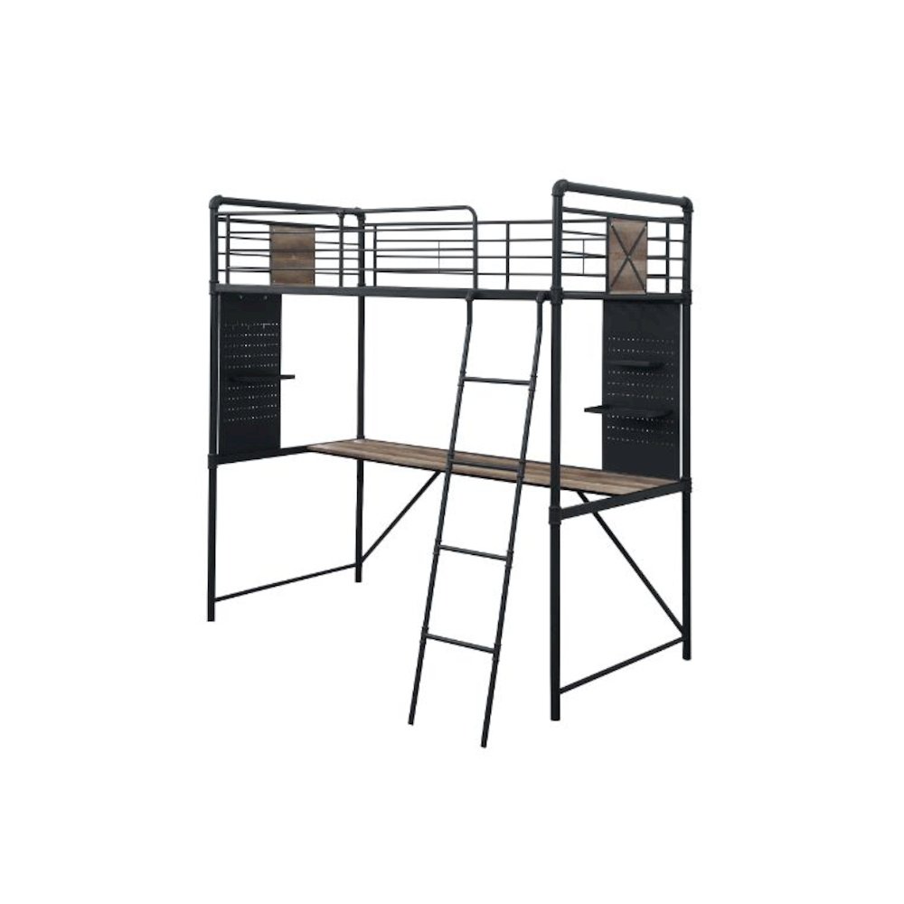 Cordelia Twin Loft Bed w/Desk Antique Oak, Sandy Black & Dark Bronze HandBrushed. Picture 1