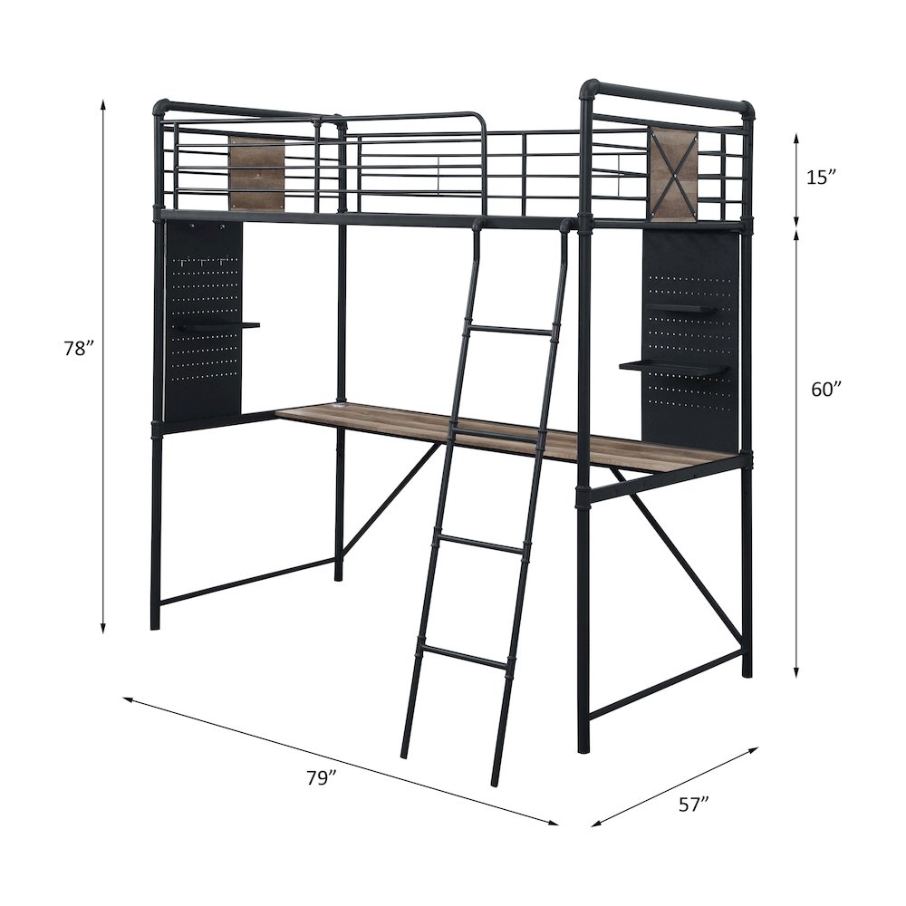 Cordelia Twin Loft Bed w/Desk Antique Oak, Sandy Black & Dark Bronze HandBrushed. Picture 5