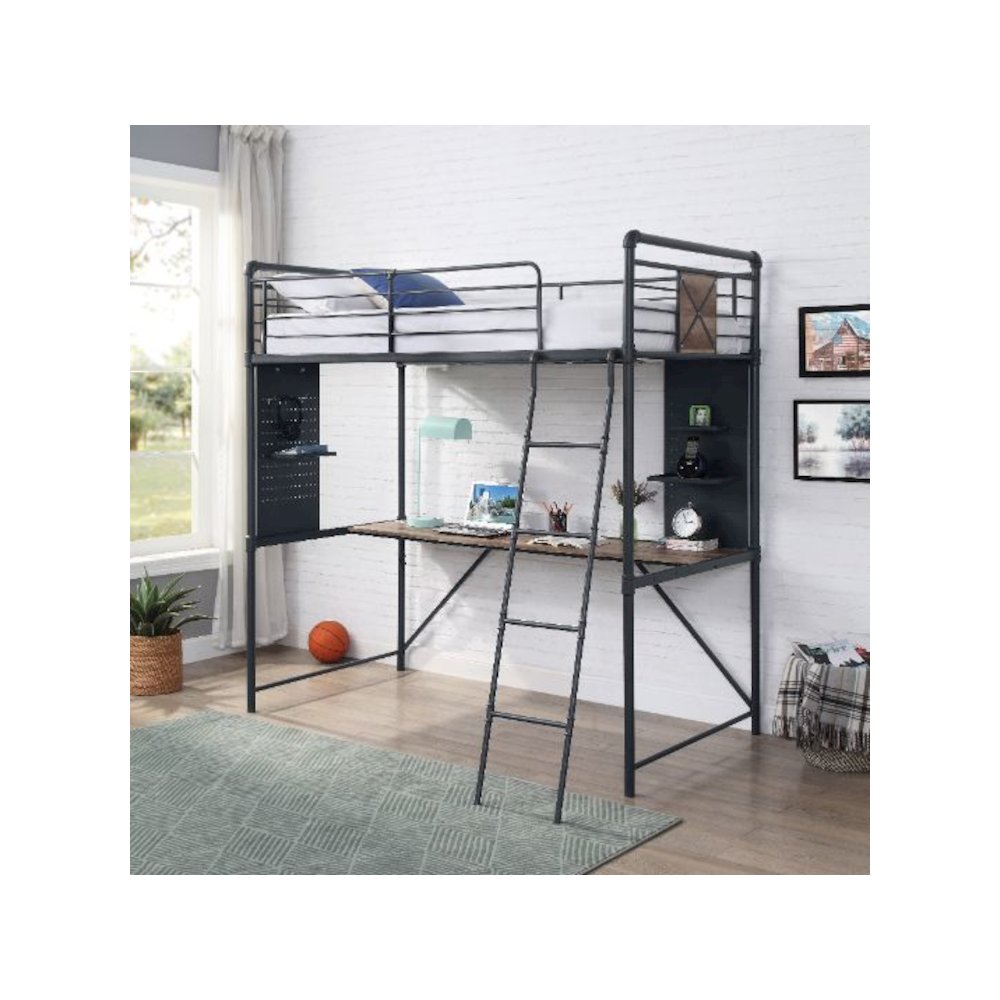 Cordelia Twin Loft Bed w/Desk Antique Oak, Sandy Black & Dark Bronze HandBrushed. Picture 4