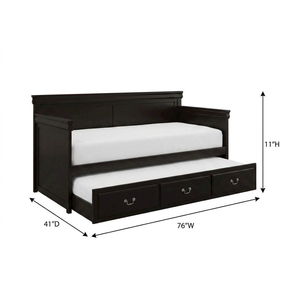 Wood Composite Trundle Bed Twin with Solid-Upholstered Frame, Black. Picture 5