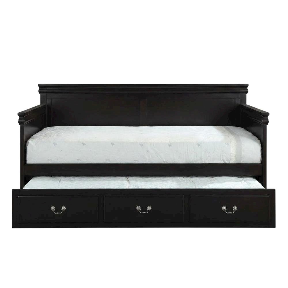 Wood Composite Trundle Bed Twin with Solid-Upholstered Frame, Black. Picture 1