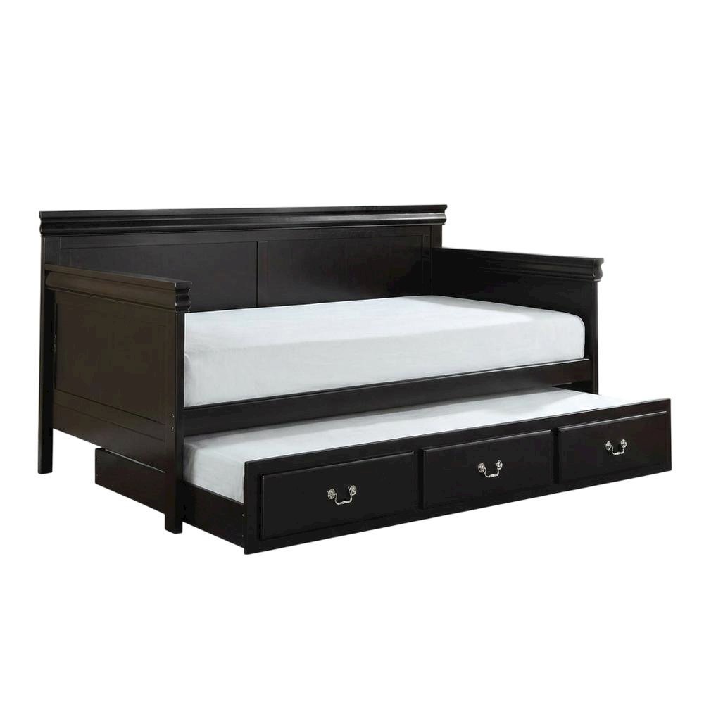 Wood Composite Trundle Bed Twin with Solid-Upholstered Frame, Black. Picture 4