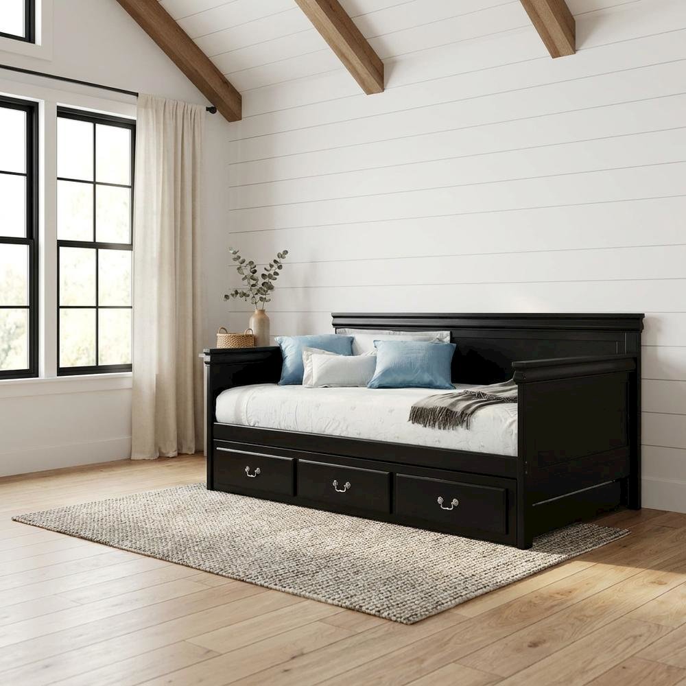 Wood Composite Trundle Bed Twin with Solid-Upholstered Frame, Black. Picture 2
