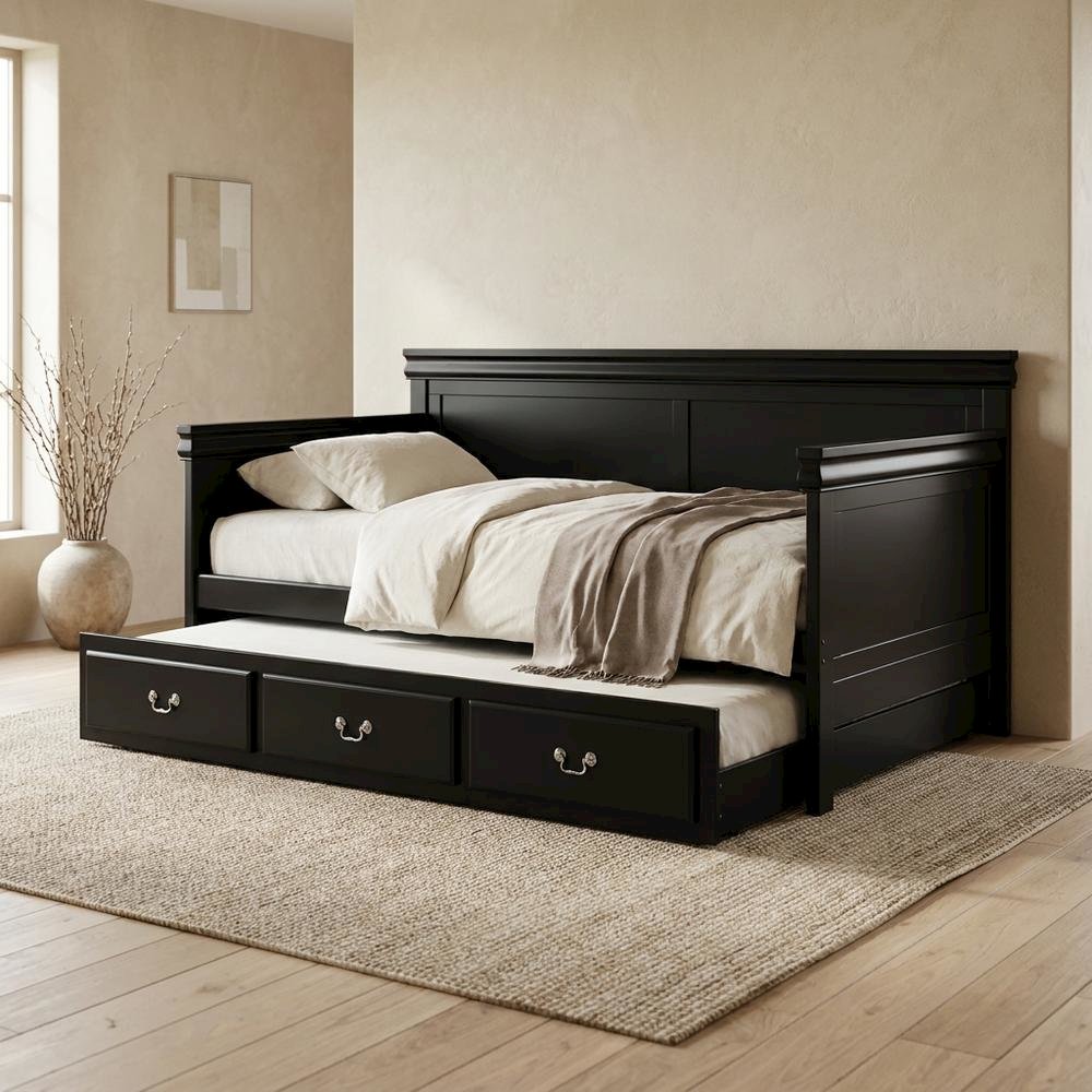 Wood Composite Trundle Bed Twin with Solid-Upholstered Frame, Black. Picture 3
