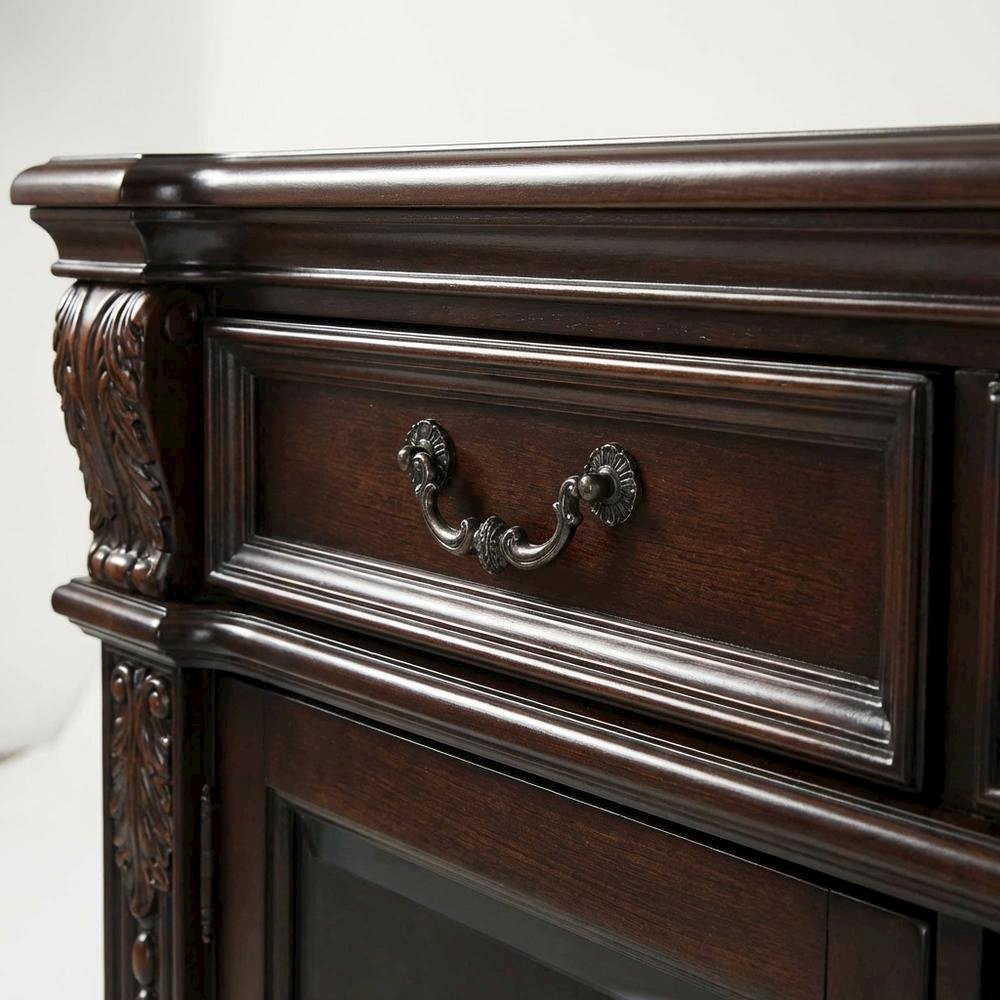 Cherry Wood and Glass TV Stand with Vintage Style and Spacious Design. Picture 5