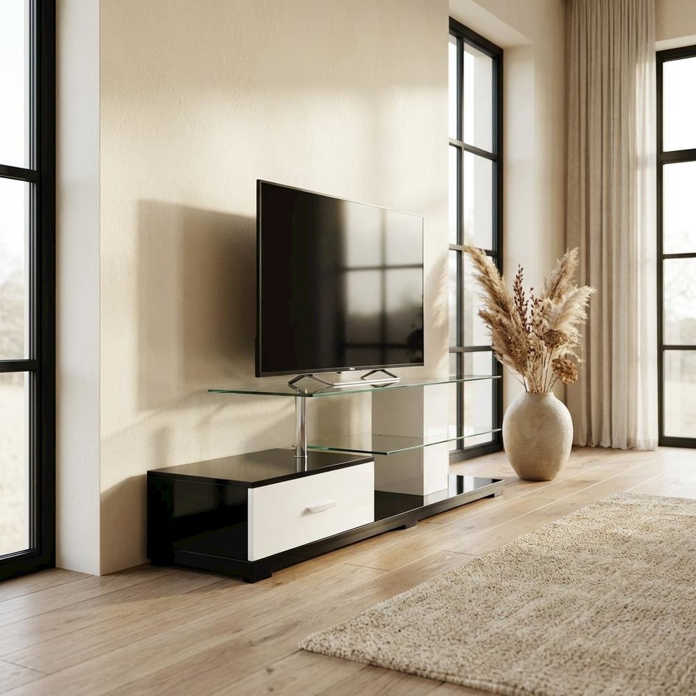 Modern White and Black TV Stand with Glass Shelves and Chrome Frame. Picture 3
