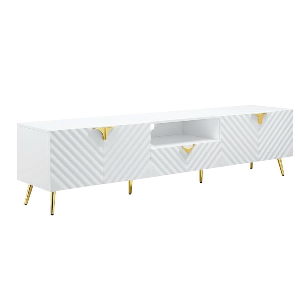 White Gloss Finish TV Stand with Rubberwood and Walnut Veneers for Modern Living. Picture 4