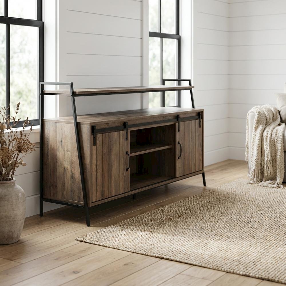 Industrial TV Stand in Rustic Oak & Black Finish with MDF, Metal, Veneer. Picture 2